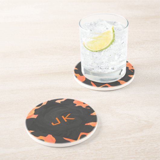 Schwarz-Orange-Print, Monogram-Kuh Sandstein Untersetzer (Seite)