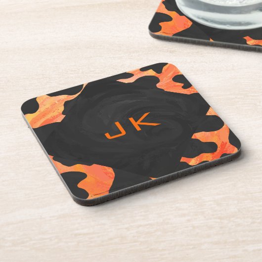 Schwarz-Orange-Print, Monogram-Kuh Untersetzer (Linke Seite)