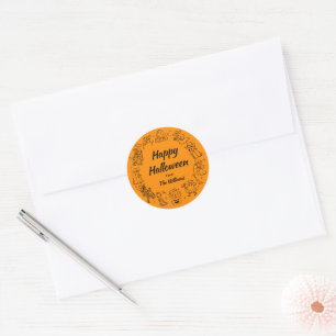 Schwarz & Orange Quirky Hand Drawn Spooky Hallowee Runder Aufkleber