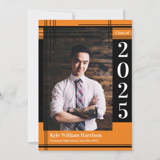 Schwarz-Orange-Schulfarben-Abschluss-Foto Kariert Einladung (Vorderseite)