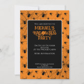 Schwarz-Orange Spinnen Halloween-Party Custom Einladung (Vorderseite)