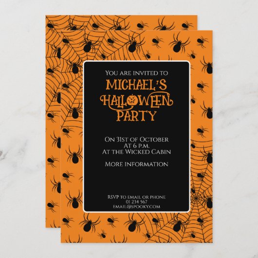 Schwarz-Orange Spinnen Halloween-Party Custom Einladung (Vorne/Hinten)