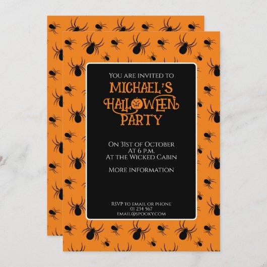 Schwarz-Orange Spinnen Halloween-Party Custom Einladung (Vorne/Hinten)