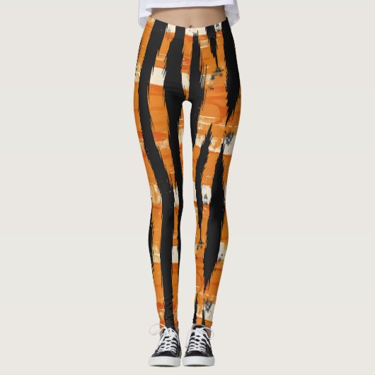 Schwarz-Orange-Streifenmuster Leggings (Vorderseite)