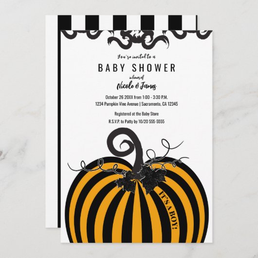 Schwarz & Orange Stripe Pumpkin Fall Babydusche Einladung (Vorne/Hinten)