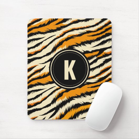Schwarz Orange Tiger Streifen Muster Monogramm Mousepad (Mit Mouse)