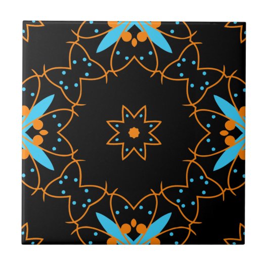 Schwarz-Orange Türkis Arabesque Mosaik Muster Fliese (Vorderseite)