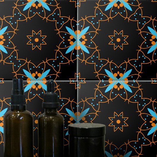 Schwarz-Orange Türkis Arabesque Mosaik Muster Fliese