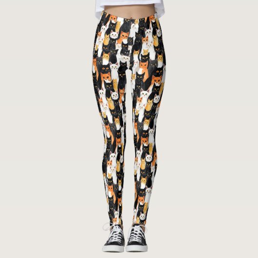 Schwarz-Orange-weiße Katzen Leggings (Vorderseite)