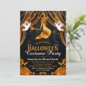 Schwarz & Orange Witz & Shimmer Vorhänge Halloween Einladung (Stehend Vorderseite)