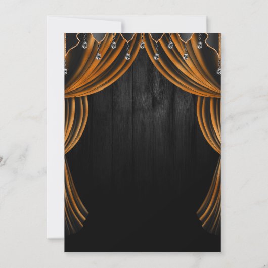 Schwarz & Orange Witz & Shimmer Vorhänge Halloween Einladung (Rückseite)