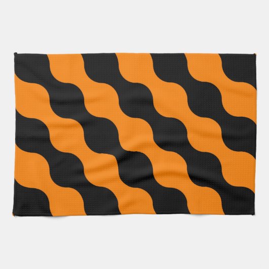 Schwarz, orangefarbene Retro-Kreise Kunstmuster Geschirrtuch (Horizontal)