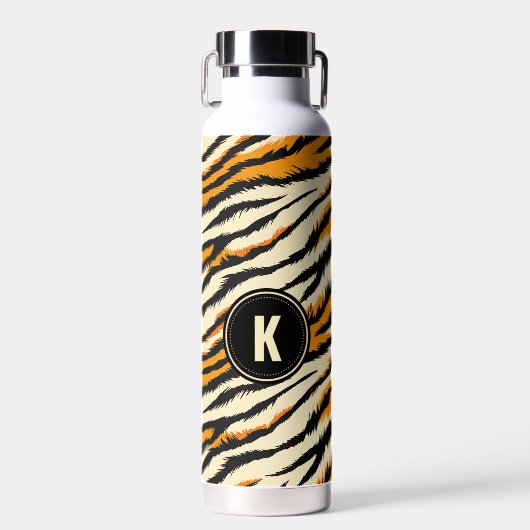 Schwarz-orangefarbenes Tiger-Muster-Monogramm Trinkflasche (Vorne)