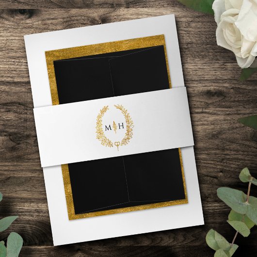 Schwarz-Oval-Blätter in Monogramm, Weißgold Einladungsbanderole