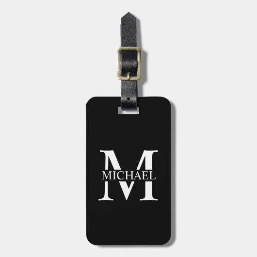Schwarz-Personalisiert-Monogramm und Name Gepäckanhänger (Vorderseite vertikal)