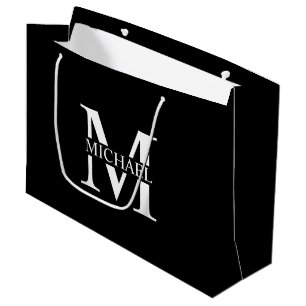 Schwarz-Personalisiert-Monogramm und Name Große Geschenktüte
