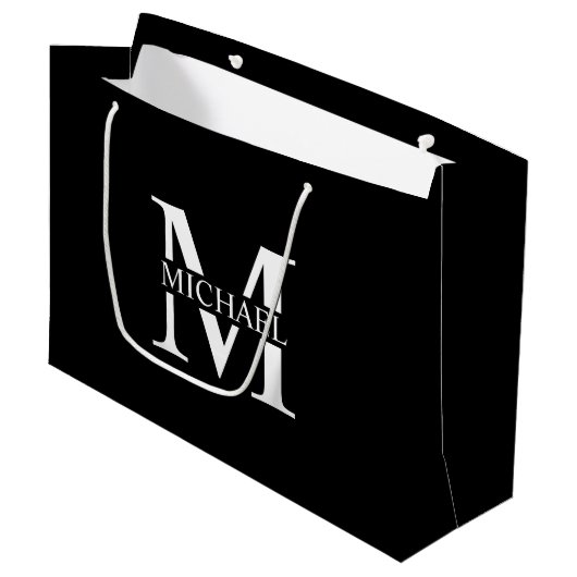 Schwarz-Personalisiert-Monogramm und Name Große Geschenktüte (Vorderseite Schrägansicht)