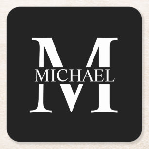 Schwarz-Personalisiert-Monogramm und Name Rechteckiger Pappuntersetzer