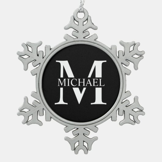Schwarz-Personalisiert-Monogramm und Name Schneeflocken Zinn-Ornament (Vorderseite)
