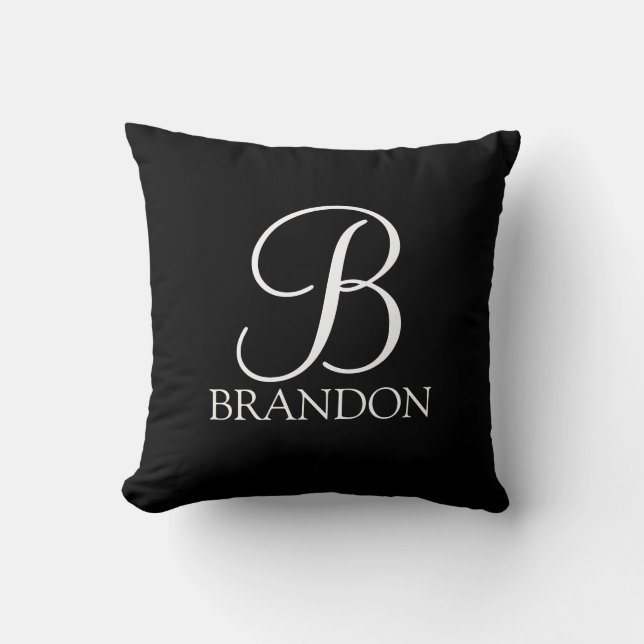 Schwarz-Personalisiert-Script-Monogramm und -Name Kissen (Vorderseite)