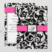 Schwarz-Pink-Damast Hochzeitseinladungen Einladung (Vorne/Hinten)