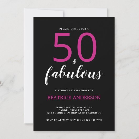 Schwarz Pink Fifty und Fabulous Fünfzigster Geburt Einladung (Vorderseite)