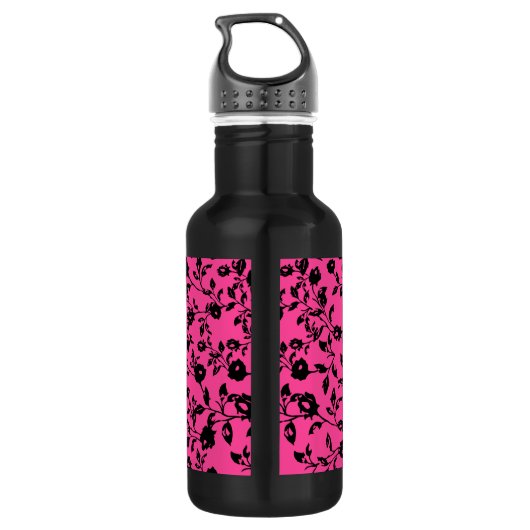 Schwarz Pink Floral Wasser Flasche mit Namen Edelstahlflasche (Rückseite)