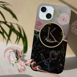 Schwarz Pink Grau Florales Monogramm-Handyhülle iPhone 15 Hülle