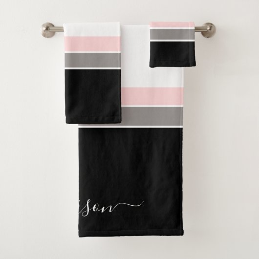 Schwarz-Pink-Grau-Monogramm Badhandtuch Set (Insitu)