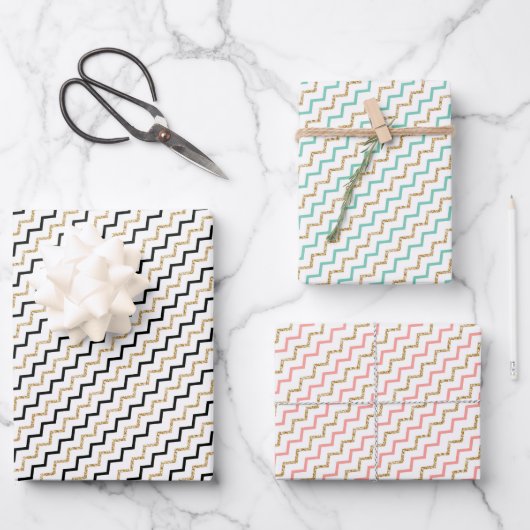 Schwarz Pink Grün Gold Zickzack-Chevron Geschenkpapier Set (Vorderseite)