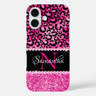 Schwarz-Pink-Leopard-Spot-Glam-Monogramm iPhone 16 Hülle