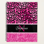 Schwarz-Pink-Leopard-Spot-Glam-Monogramm Planer (Vorderseite)