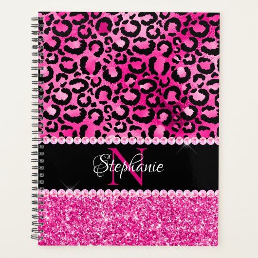 Schwarz-Pink-Leopard-Spot-Glam-Monogramm Planer (Vorderseite)