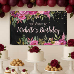 Schwarz Pink Lila Blumen Gold Glitter Geburtstag Banner