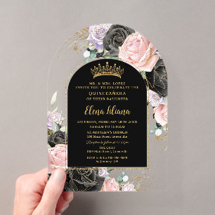 Schwarz Pink Lila Blumen Gold Quinceanera Sweet 16 Acryleinladungen