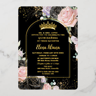 Schwarz Pink Lila Blumen Gold Quinceanera Sweet 16 Folieneinladung