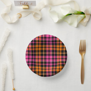 Schwarz Pink Orange Karo Tartan Design Pappteller