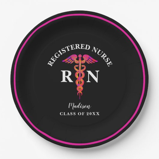 Schwarz-Pink-Party-Monogramm des nährenden Abschlu Pappteller (Vorderseite)