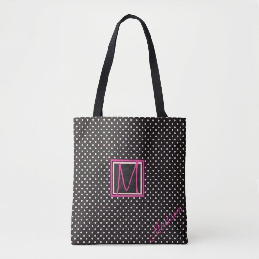 Schwarz-Pink-Polka-Dot-Trendy-Monogramm Tasche (Vorderseite)