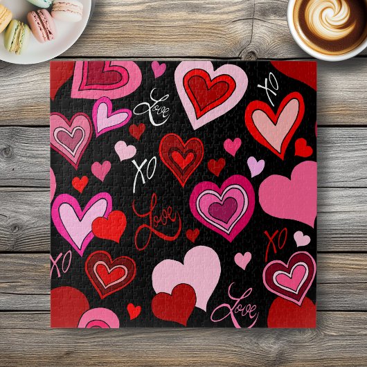 Schwarz Pink Rote Herzen Liebesmuster Puzzle