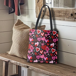 Schwarz Pink Rote Herzen Liebesmuster Tasche