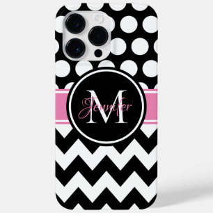 Schwarz Pink und Weiß Chevron Polka Dot Monogramm Case-Mate iPhone 14 Pro Max Hülle