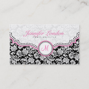 Schwarz Pink & Weiß Elegante Florale Damastmuster Visitenkarte