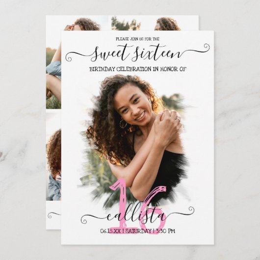 Schwarz Pink White Halo Foto Collage Sweet 16 Einladung (Vorne/Hinten)