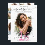 Schwarz Pink White Halo Foto Collage Sweet 16 Einladung<br><div class="desc">Diese hübsche und gürmische 16 . Geburtstag Geburtstagsparty Foto Collage Einladung ist perfekt für das trendige und stilvolle Mädchen. Es verfügt über einen einfachen, weißen Pinselhalo auf einem großen Feature-Foto und eine elegante schwarz-rosa handgeschriebene kursive Schrift Typografie. Auf der Rückseite sind vier weitere individuell anpassbare Bilder und die Party-Details mit...</div>