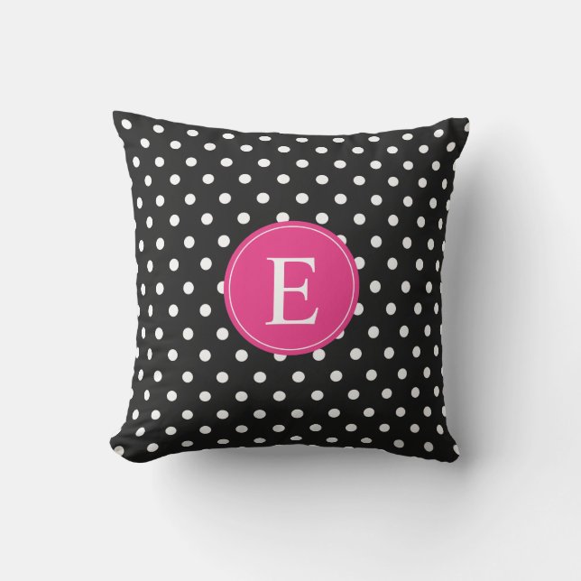 Schwarz-Polka-Dot-Rosa-Monogramm Kissen (Vorderseite)