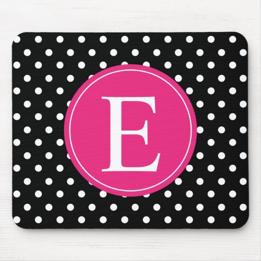 Schwarz-Polka-Dot-Rosa-Monogramm Mousepad (Vorne)