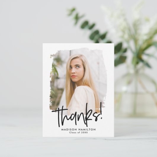 Schwarz | Preppy Script Foto Abschluss Vielen Dank Postkarte (Stehend Vorderseite)