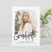 Schwarz | Preppy Script Foto Graduation Party Einladung (Stehend Vorderseite)