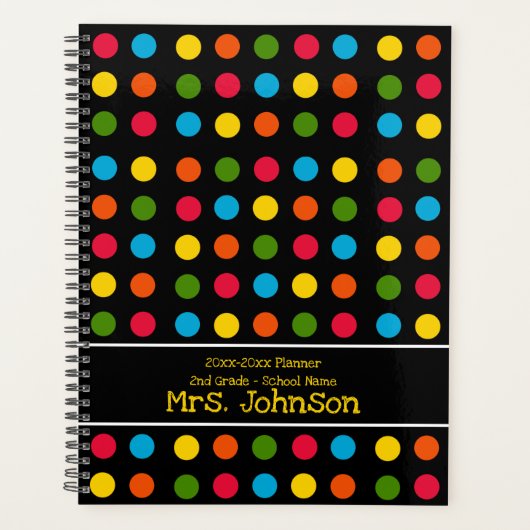 Schwarz | Red Blue Green Yellow Orange Polka Dot Planer (Vorderseite)
